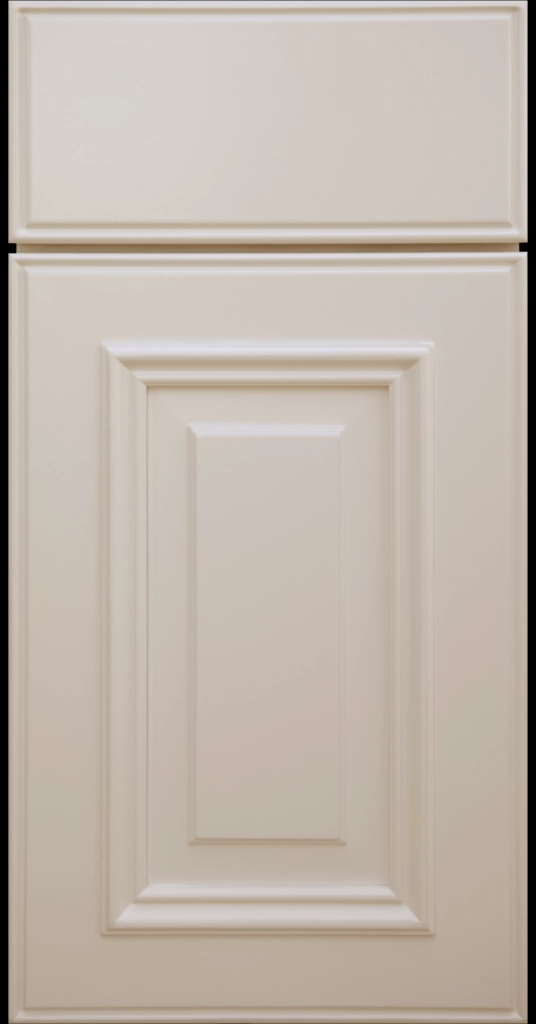 Custom Beige Anderson Raised Panel Kitchen Cabinet Door and matching Slab Drawer Front.